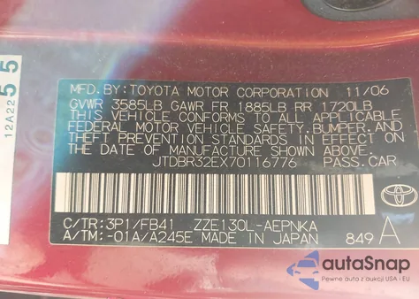 2007 Toyota Corolla Le from USA, damaged, VIN JTDBR32EX70116776